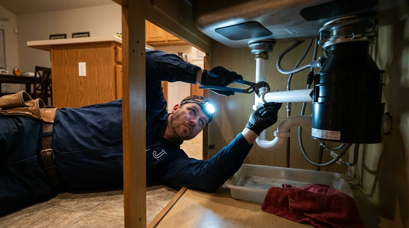 P-trap and supply line connections under a kitchen sink showing a common leak point in Ogden, UT